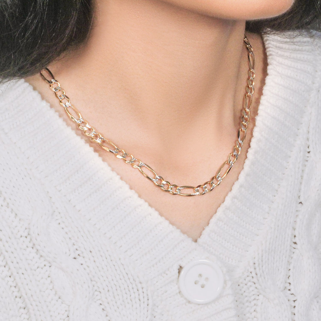 14K Two tone Gold Solid Pave Figaro Chain (5.90 mm)