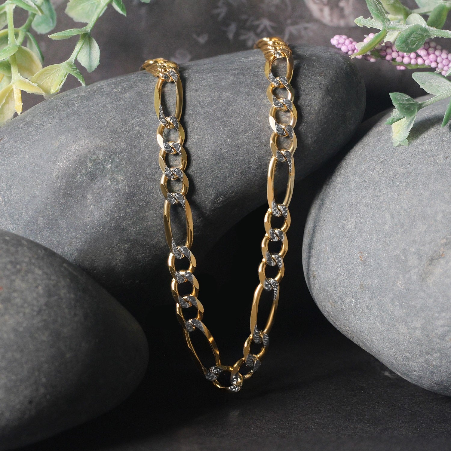 14K Two tone Gold Solid Pave Figaro Chain (5.90 mm)
