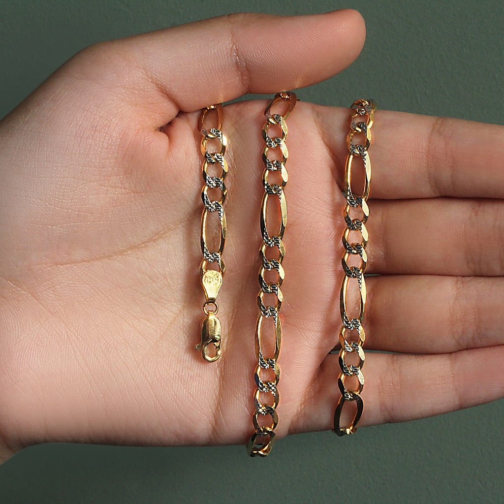 14K Two tone Gold Solid Pave Figaro Chain (5.90 mm)
