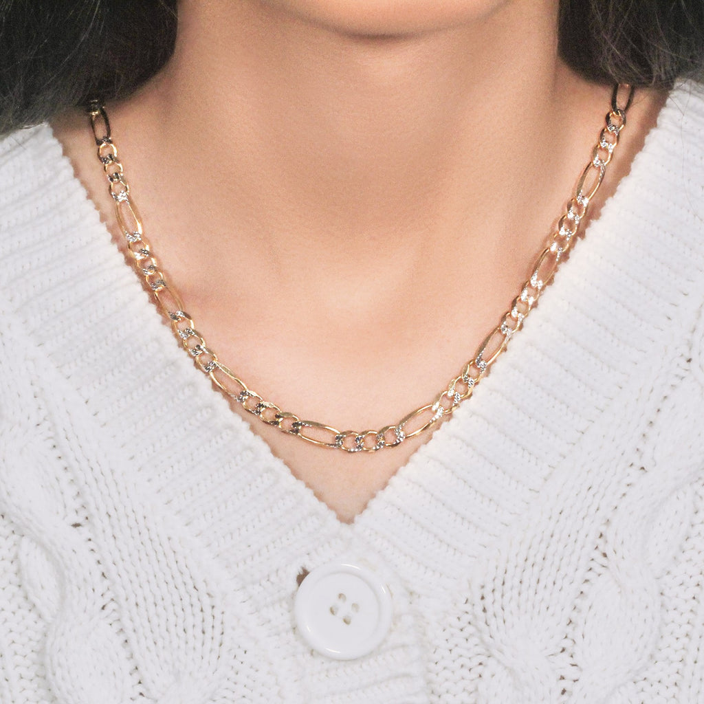 14K Two tone Gold Solid Pave Figaro Chain (5.90 mm)