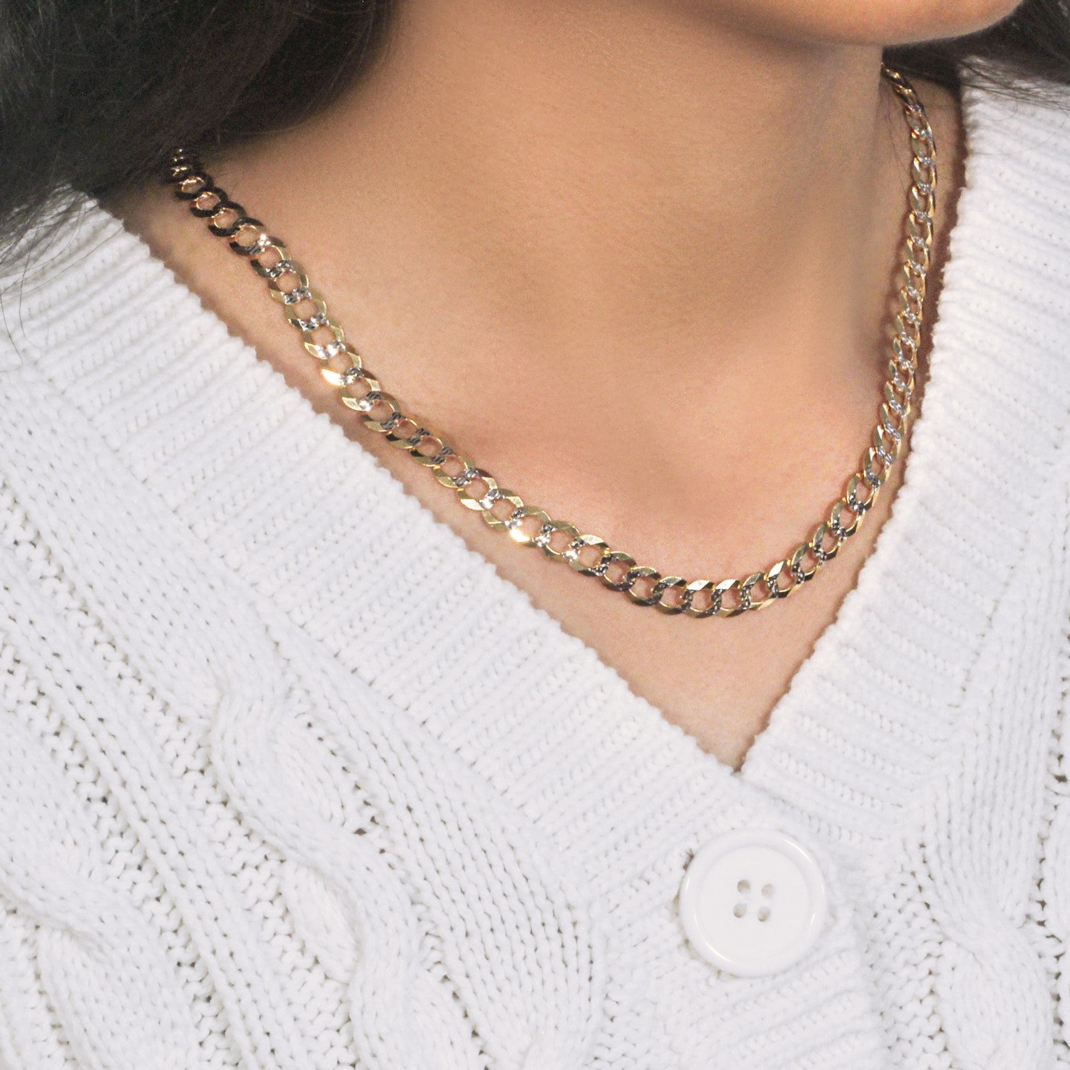 14k Two Tone Gold Pave Curb Chain (7.00 mm)