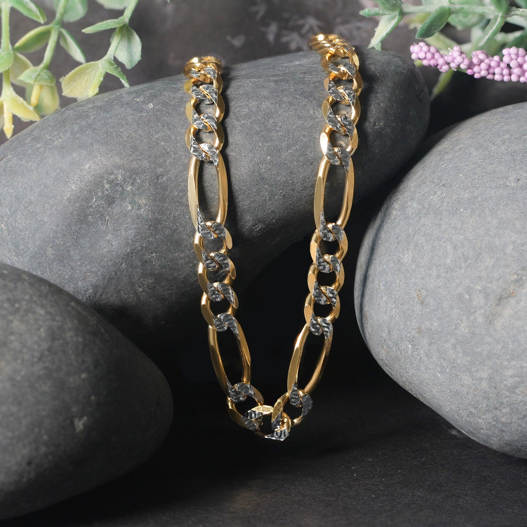 14K Two Tone Gold Solid Pave Figaro Chain (7.00 mm)