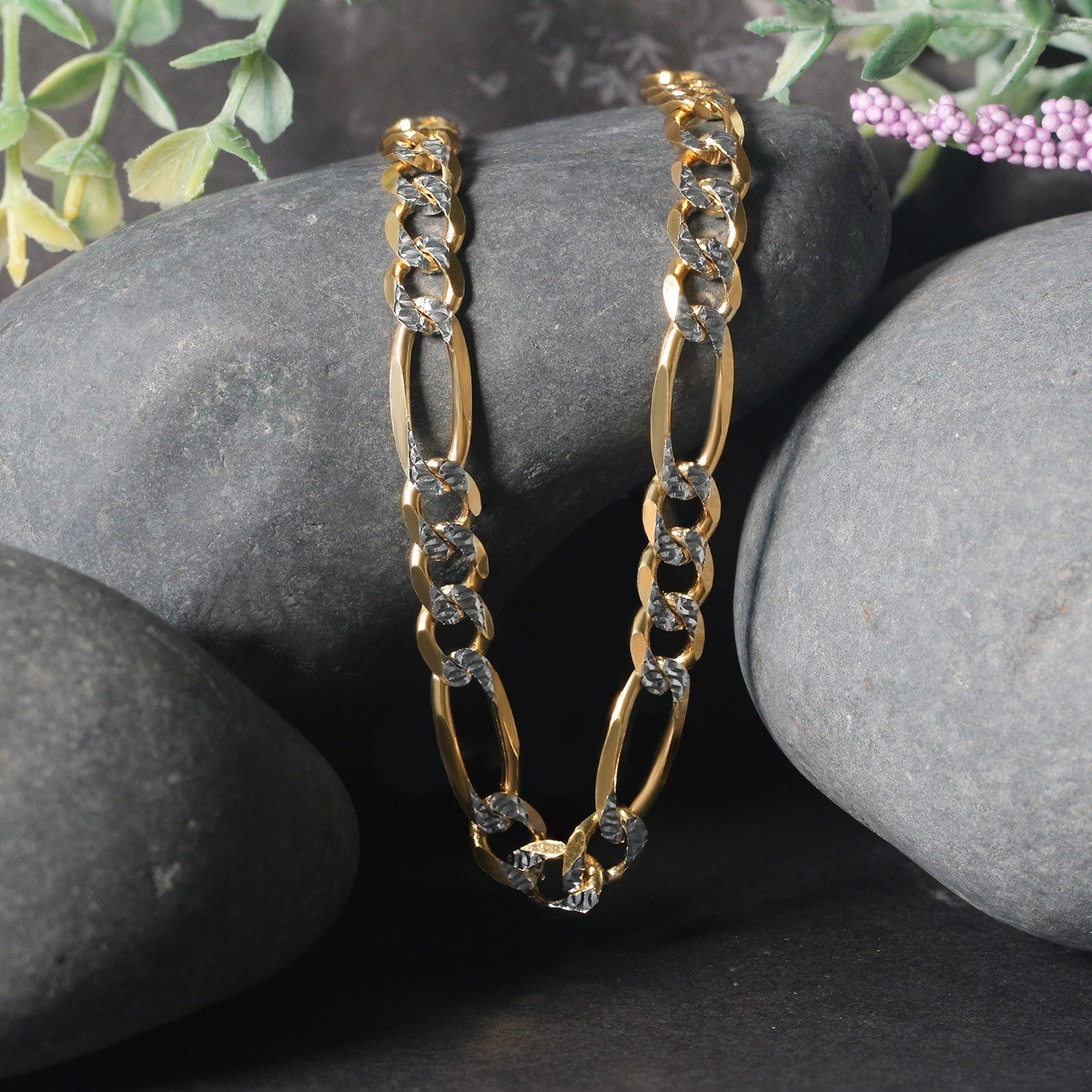 14K Two Tone Gold Solid Pave Figaro Chain (7.00 mm)