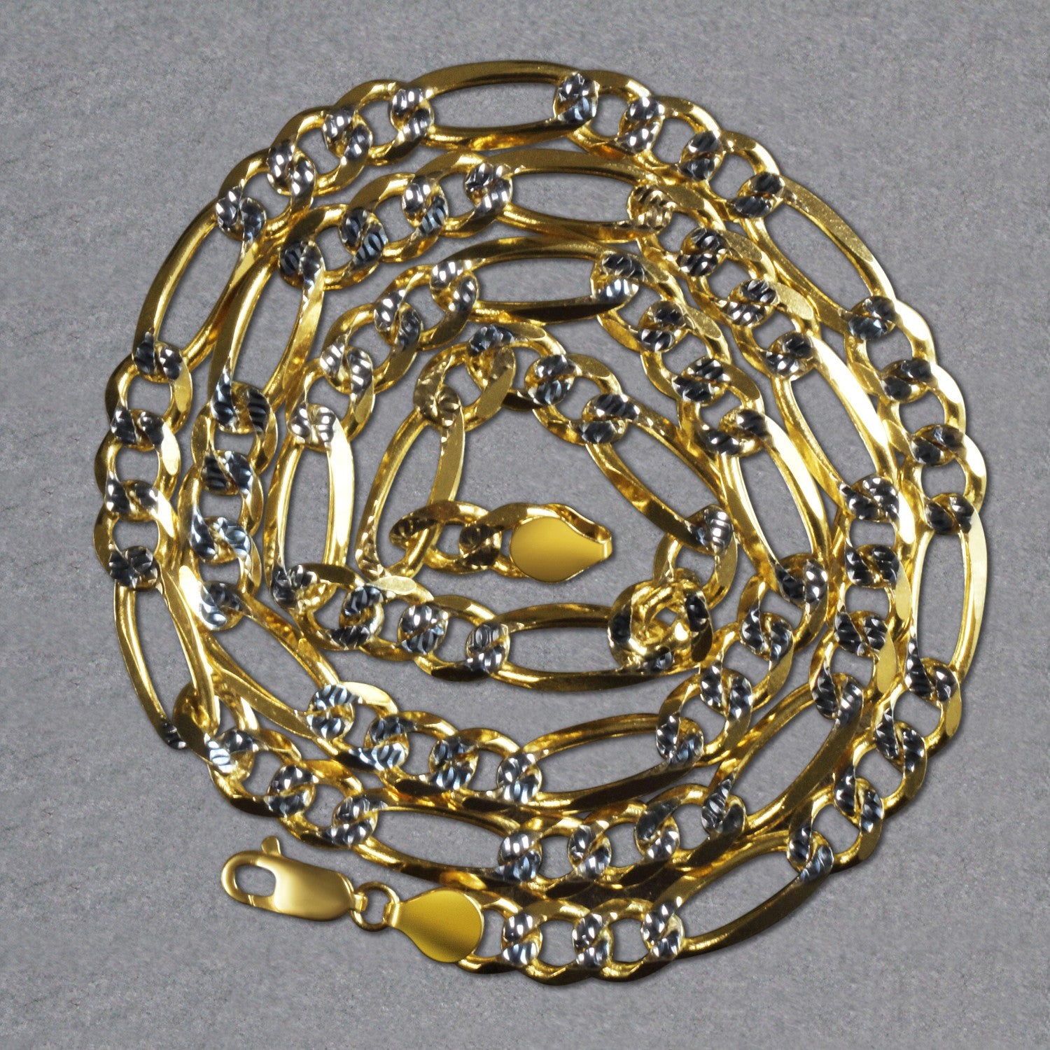 14K Two Tone Gold Solid Pave Figaro Chain (7.00 mm)