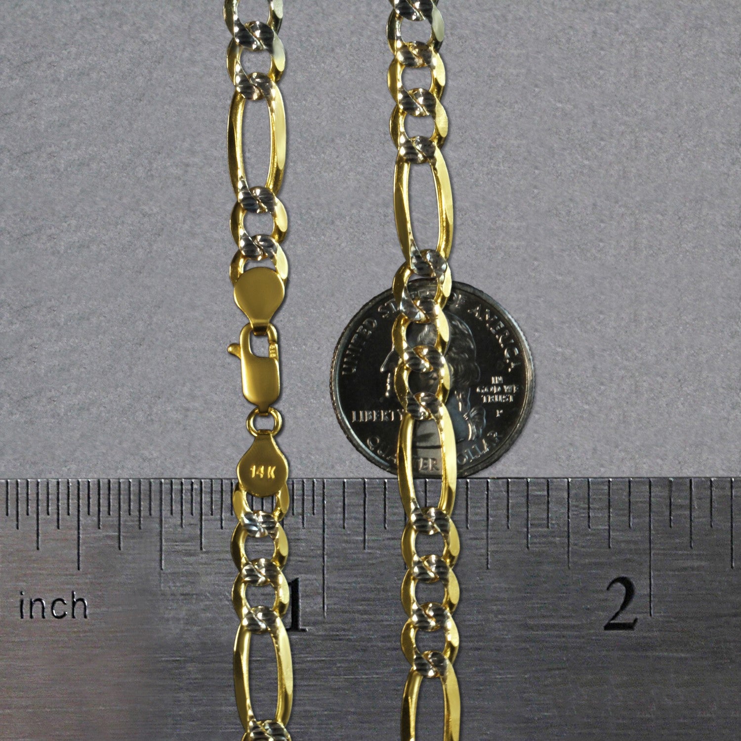 14K Two Tone Gold Solid Pave Figaro Chain (7.00 mm)