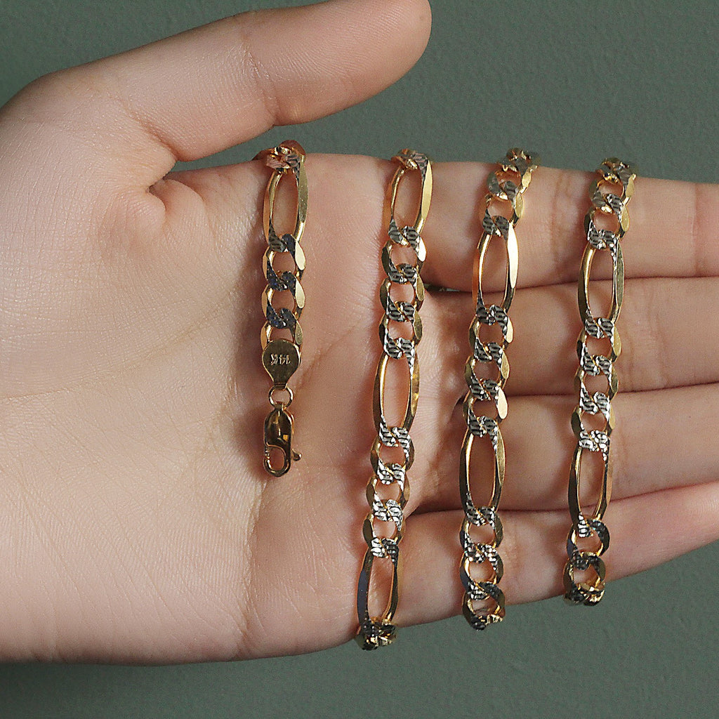 14K Two Tone Gold Solid Pave Figaro Chain (7.00 mm)